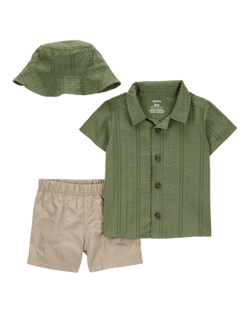 Baby 3-Piece Short & Hat Set - Olive/Khaki, 