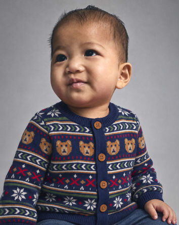 B&eacute;b&eacute; non genr&eacute; - Cardigan en tricot jacquard &agrave; motif ourson &ndash; Bleu marine, 