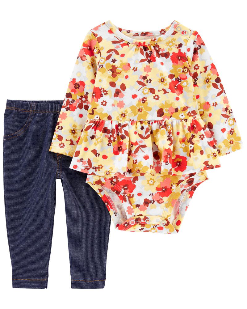 2-Piece Floral Print Ruffle Bodysuit Set, image 1 of 3 slides