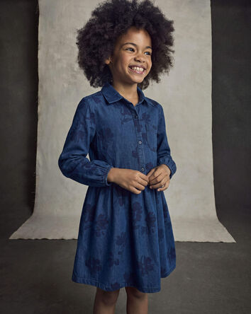 Filles - Robe manches courtes en denim &agrave; motif floral - D&eacute;lav&eacute; fonc&eacute;, 