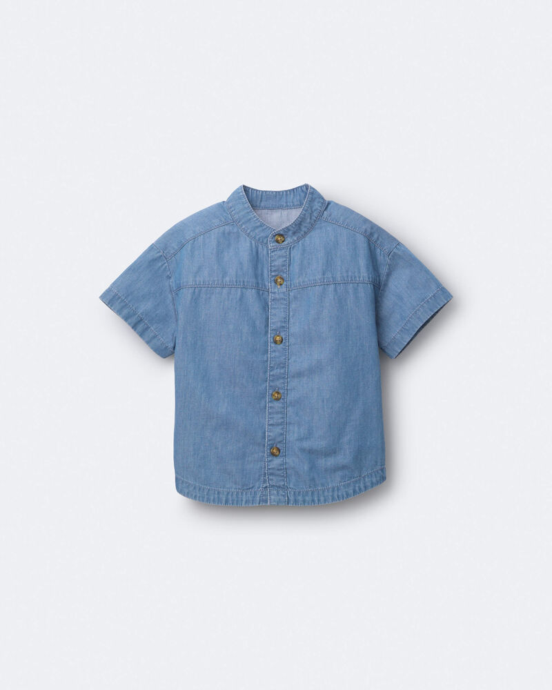 Toddler Boy Mandarin Collar Button-Down Shirt in Chambray, image 2 of 6 slides