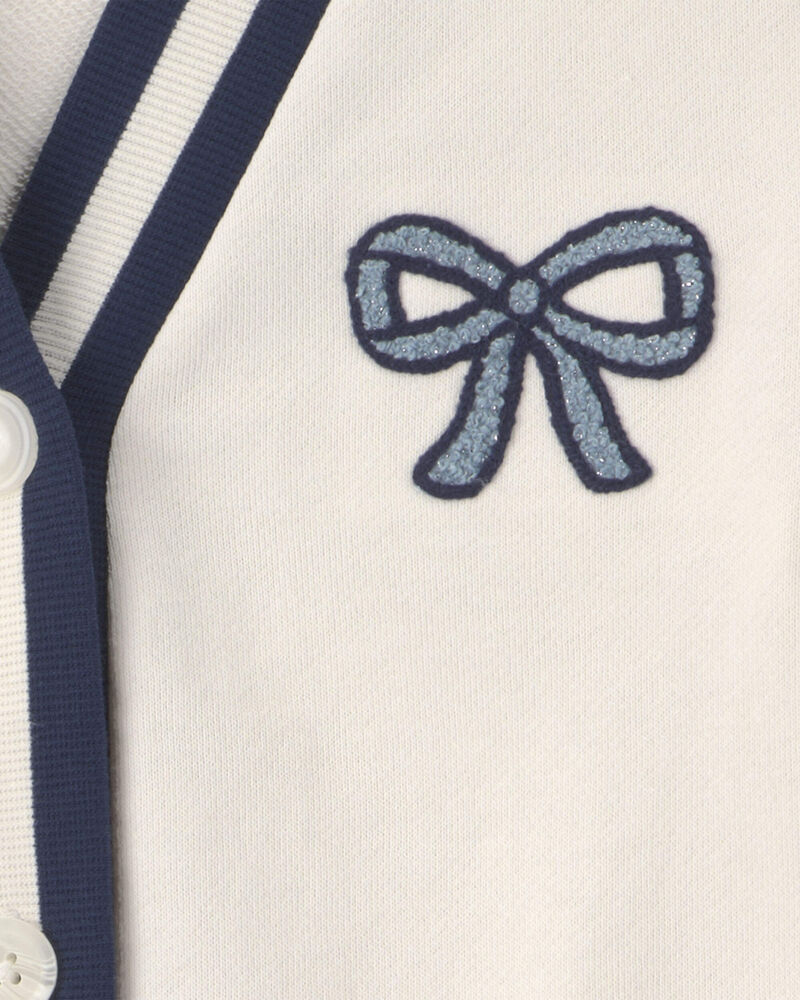 Girls Bow French Terry Cardigan Sweater - Cream, image 5 of 6 slides