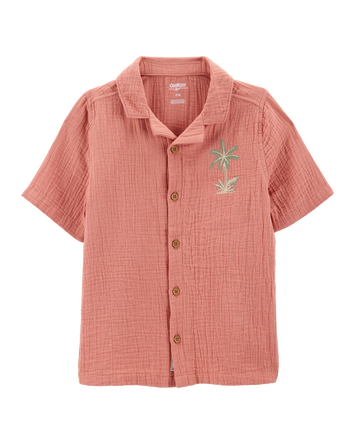 Kid Palm Tree Print Button-Front Shirt - Red, 