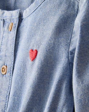 Baby Girl Heart Chambray Long-Sleeve Denim Jumpsuit - Blue, 