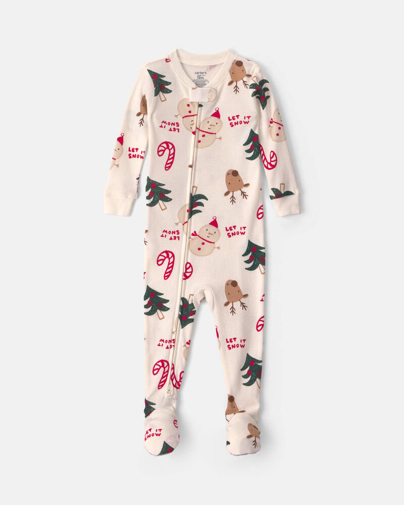 Toddler 1-Piece Christmas Icon 100% Cotton Snug Fit Footed Pyjama - Cream, image 1 of 4 slides