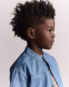 Toddler Boy Mandarin Collar Button-Down Shirt in Chambray, image 3 of 6 slides