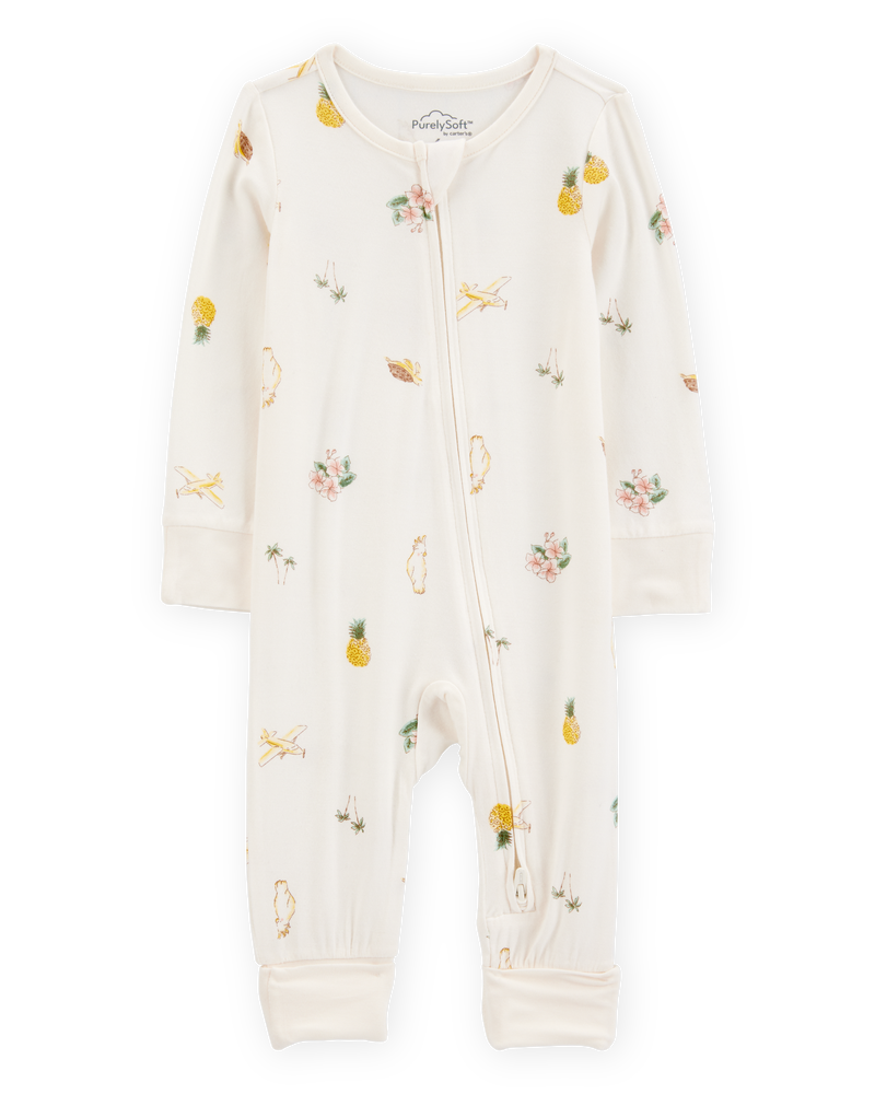 B&eacute;b&eacute; fille - Grenouill&egrave;re PurelySoft &agrave; fermeture &agrave; glissi&egrave;re &agrave; 2 sens &agrave; poignets et pieds rabattables imprim&eacute; tropical - Ivoire, image 1 sur 5 diapositives