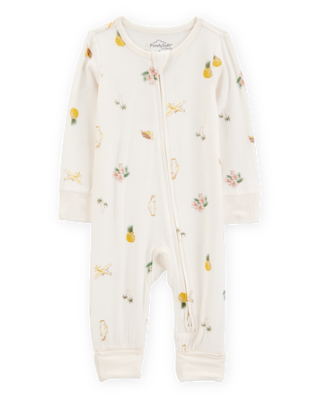 B&eacute;b&eacute; fille - Grenouill&egrave;re PurelySoft &agrave; fermeture &agrave; glissi&egrave;re &agrave; 2 sens &agrave; poignets et pieds rabattables imprim&eacute; tropical - Ivoire, 