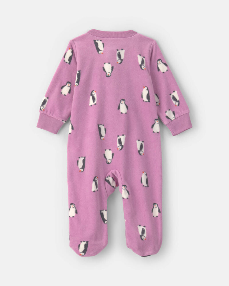 B&eacute;b&eacute; fille - Grenouill&egrave;re en molleton &agrave; fermeture &agrave; glissi&egrave;re double sens et motif manchot - Mauve, image 4 sur 5 diapositives
