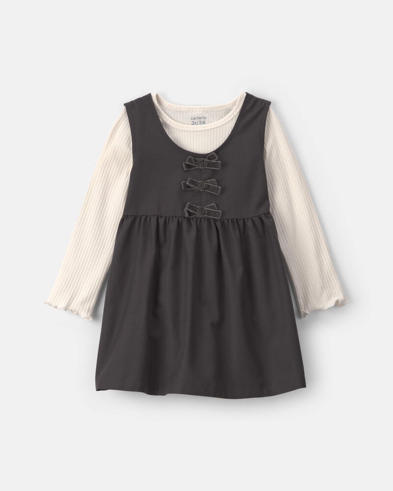Toute-petit fille - Ensemble 2 pi&egrave;ces robe en serg&eacute; &agrave; n&oelig;uds et manches longues &ndash; Noir/Cr&egrave;me, image 1 sur 5 diapositives