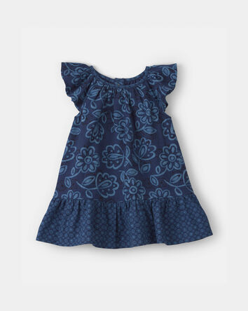 Baby Girl Floral Ruffle-Sleeve Linen Dress - Blue, 