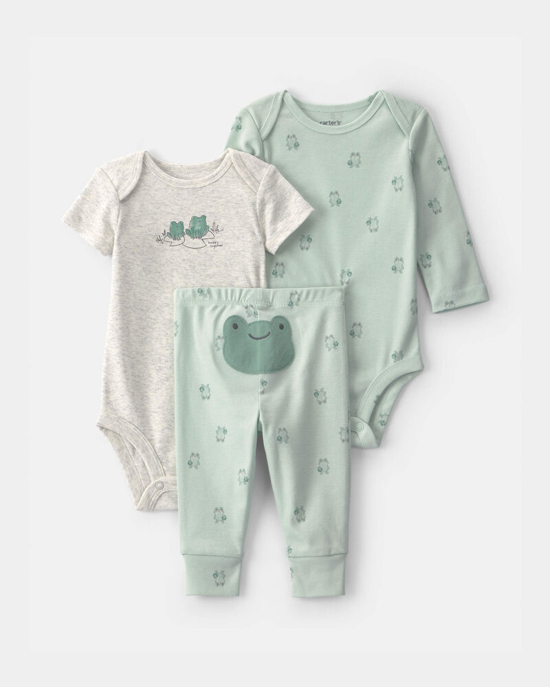 Baby 3-Piece Frog Bodysuit & Pant Set - Green/Grey, image 1 of 5 slides