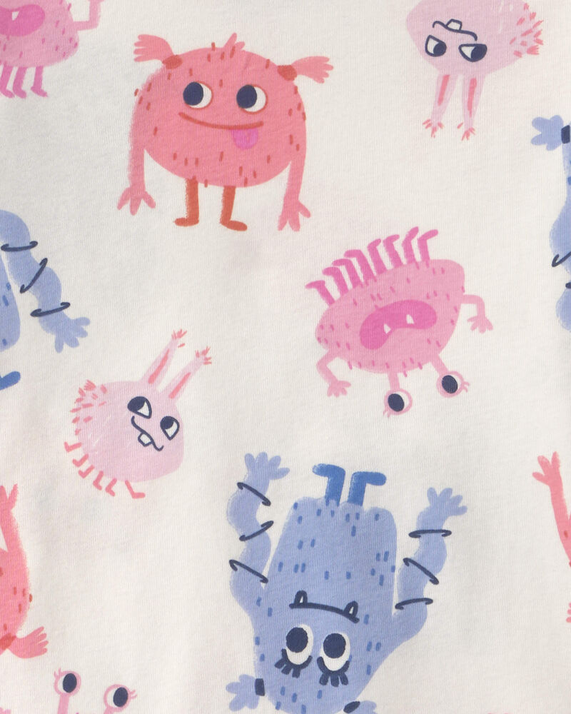Girls 4-Piece Monster 100% Cotton Snug Fit Pyjama Set - Blue/Cream, image 4 of 7 slides