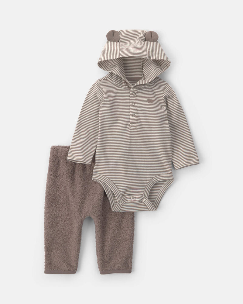 Baby Boy 2-Piece Bear Teddy Fleece Long-Sleeve Bodysuit & Pant Set - Brown, image 1 of 5 slides