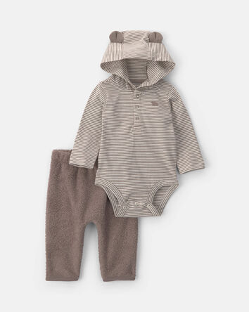 Baby Boy 2-Piece Bear Teddy Fleece Long-Sleeve Bodysuit & Pant Set - Brown, 