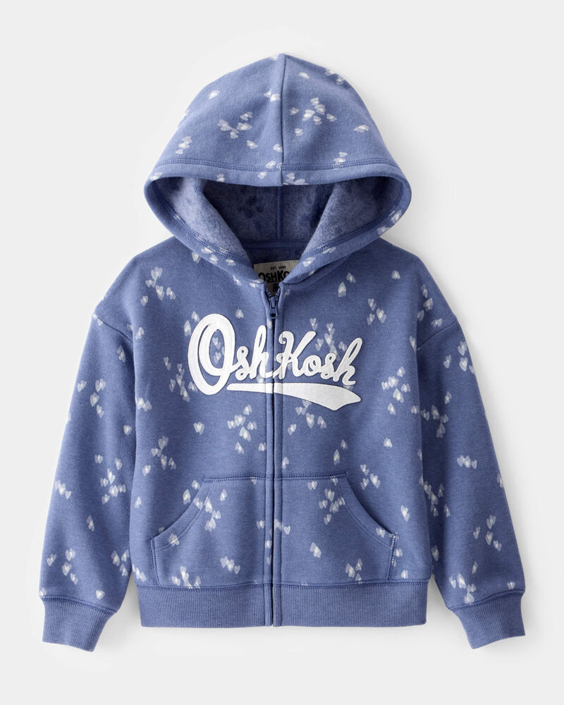 Toddler Heart Print French Terry Hooded Jacket - Blue, image 1 of 3 slides
