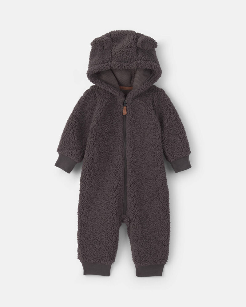 Baby Boy Dog Teddy Fleece Long-Sleeve Jumpsuit - Grey, image 1 of 4 slides