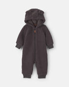 Baby Boy Dog Teddy Fleece Long-Sleeve Jumpsuit - Grey, image 1 of 4 slides