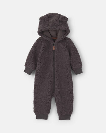 Baby Boy Dog Teddy Fleece Long-Sleeve Jumpsuit - Grey, 