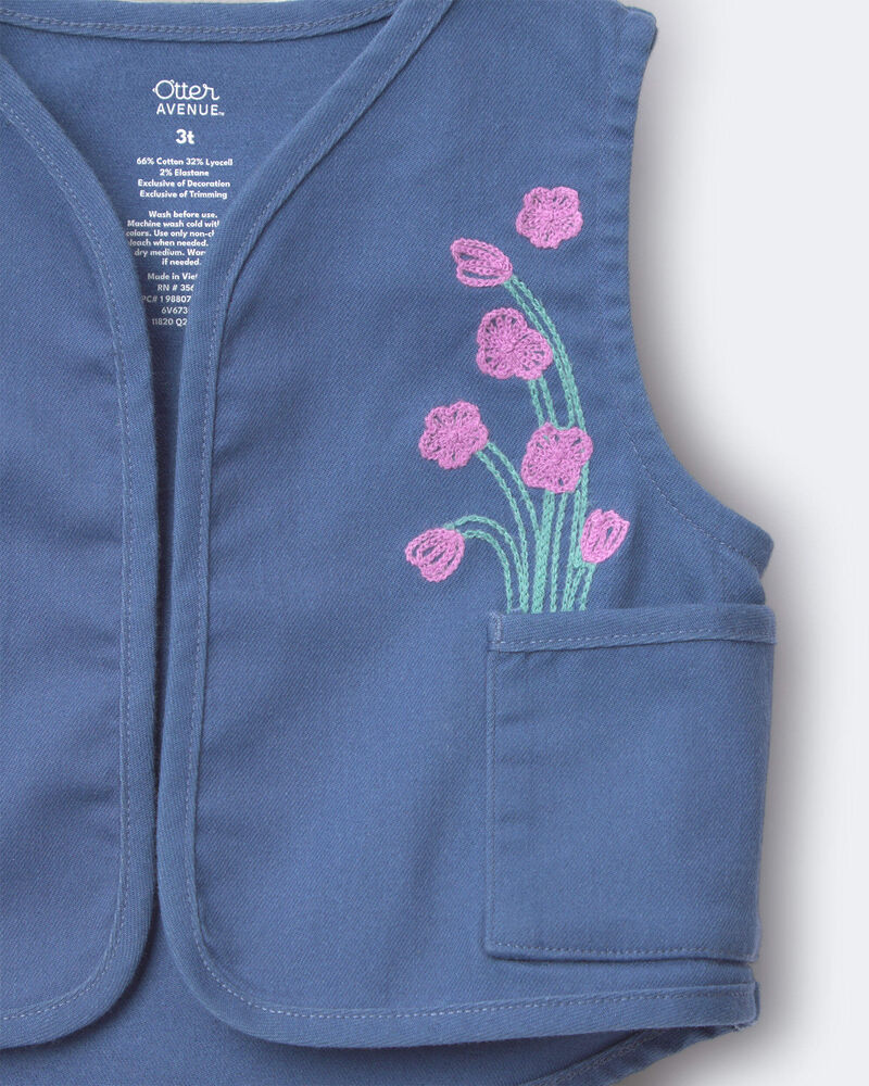 Toddler Girl Embroidered Cropped Vest with Otter Pockets - Slate Blue, image 6 of 6 slides