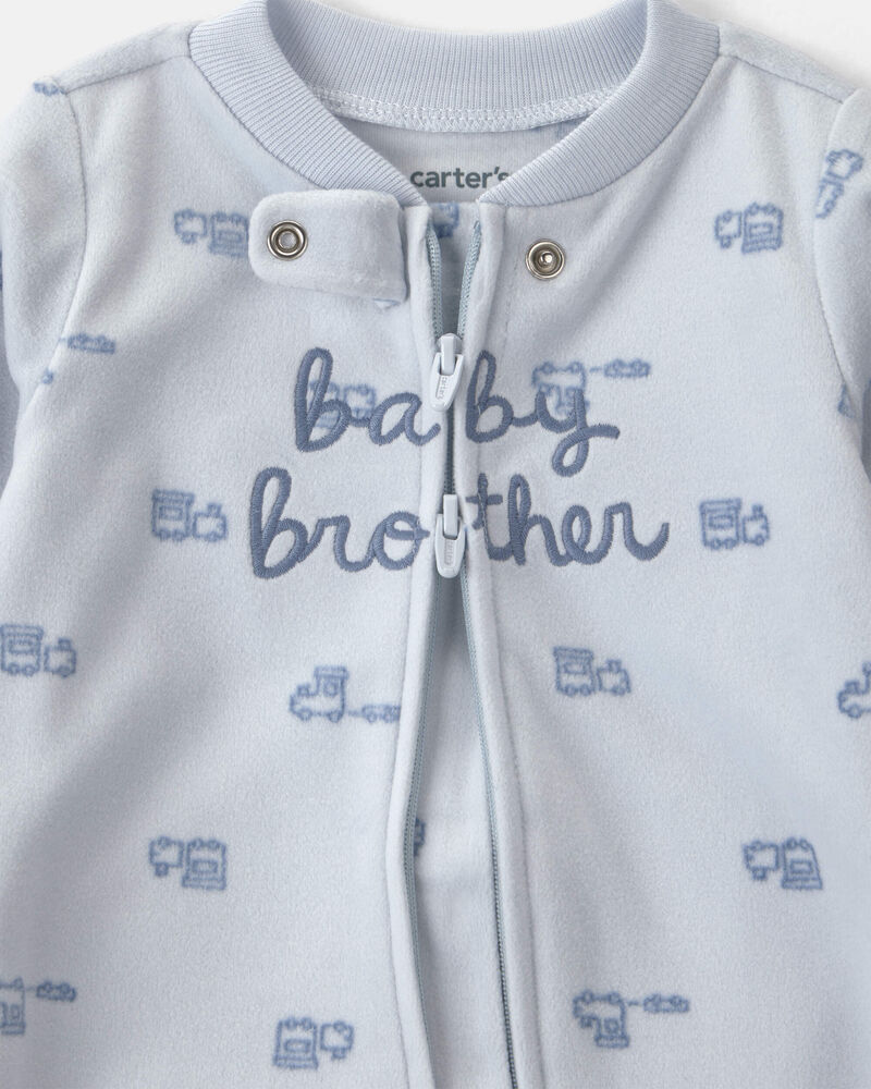 Baby Boy 'Baby Brother' Fleece 2-Way Zip Sleepers - Blue, image 3 of 5 slides