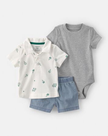 Baby Boy 3-Piece Pickleball Short-Sleeve Top, Bodysuit & Short Set - Grey/Cream, 