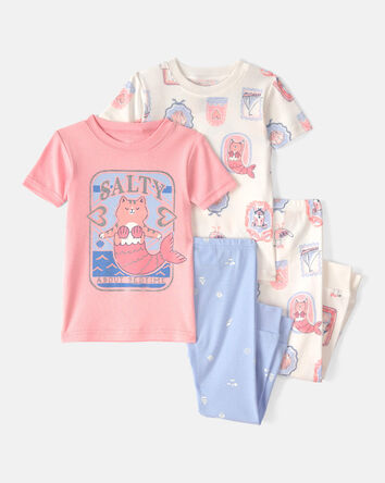 B&eacute;b&eacute; fille - Pyjama ajust&eacute; 4 pi&egrave;ces en 100 % coton, sir&egrave;ne et chat - Rose/Ivoire, 