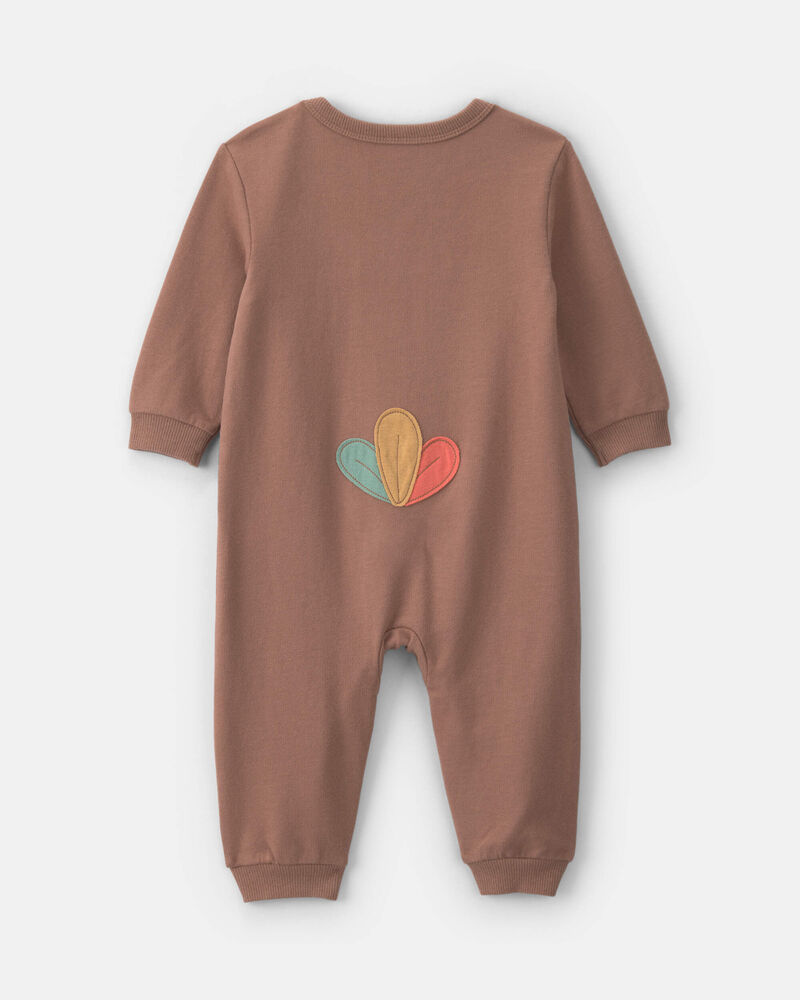 Baby Turkey Thanksgiving French Terry Long-Sleeve Jumpsuit - Brown, image 2 of 5 slides