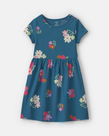 Girls Floral Short-Sleeve Dress - Navy Blue, 