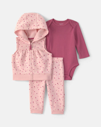 B&eacute;b&eacute; fille - Ensemble 3 pi&egrave;ces &agrave; superposer avec chandail capuchon &agrave; motif c&oelig;urs - Rose, 