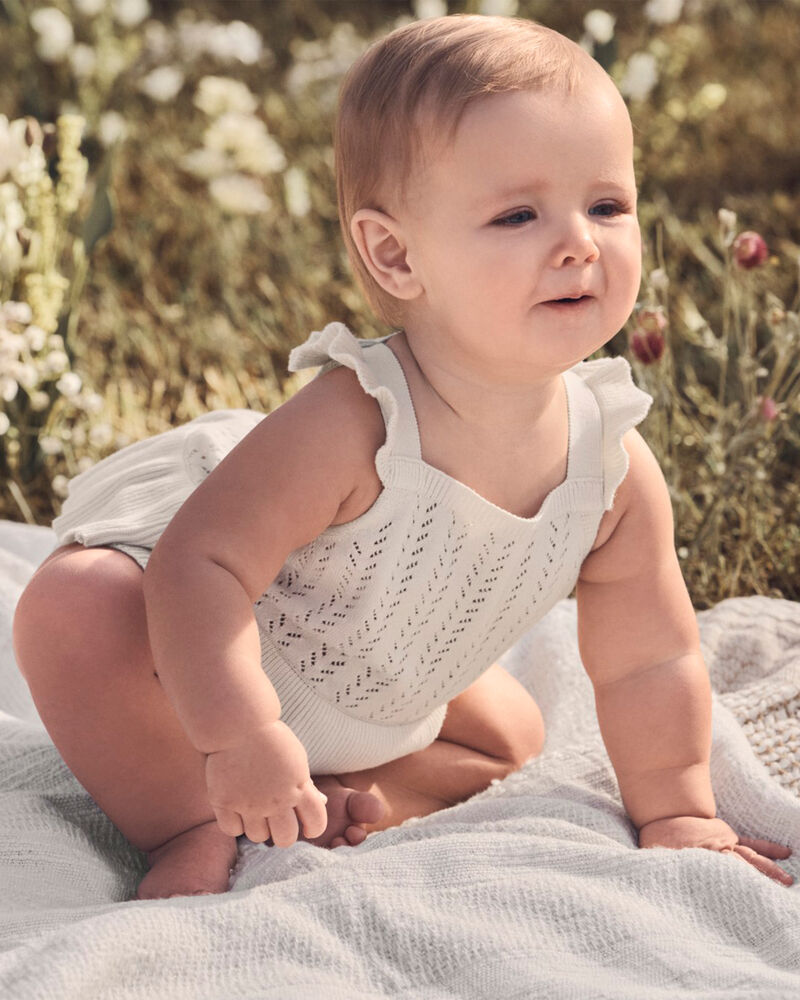 Bébé fille - Barboteuse en coton biologique à motif pointelle, image 4 sur 5 diapositives