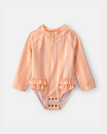 Baby Girl Striped Long-Sleeve 1-Piece Swimsuit - Orange, 