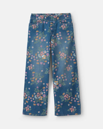 Filles - Jean jambe large en denim &agrave; motif floral - D&eacute;lav&eacute; moyen, 