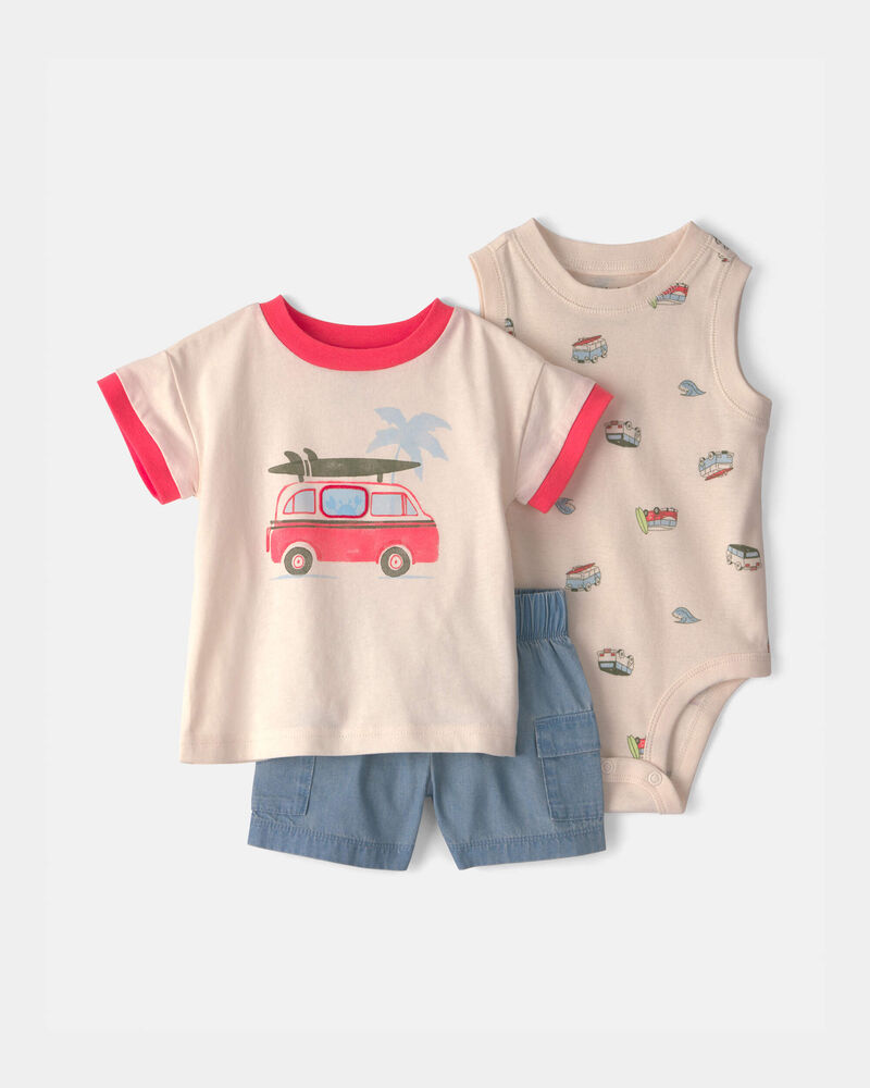 B&eacute;b&eacute; gar&ccedil;on - Ensemble 3 pi&egrave;ces haut, cache-couche et short, motif surf , image 1 sur 5 diapositives