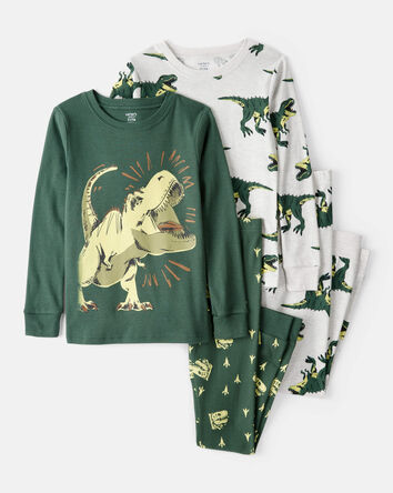 Garçons - Pyjamas à manches longues 4 pièces en coton 100 % avec imprimé dinosaure - Vert, 