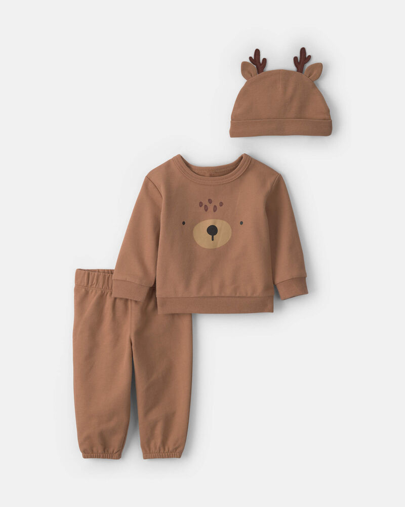 Baby 3-Piece Reindeer Christmas Long-Sleeve Top & Pant Set - Brown, image 1 of 5 slides