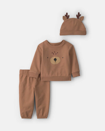 Baby 3-Piece Reindeer Christmas Long-Sleeve Top & Pant Set - Brown, 
