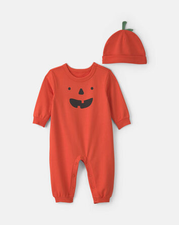 B&eacute;b&eacute; - Combinaison 2 pi&egrave;ces manches longues en jersey bouclette &agrave; motif citrouille d&rsquo;Halloween - Orange, 