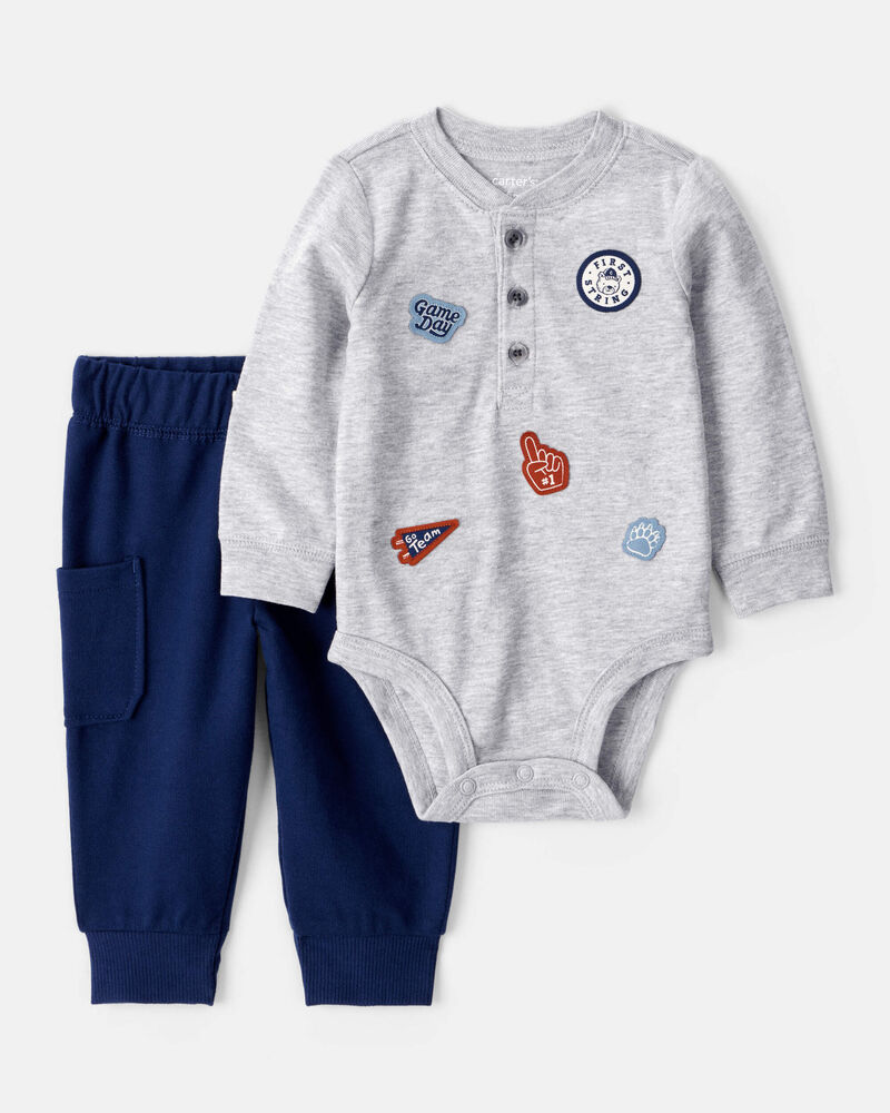 Baby Boy 2-Piece Sports Long-Sleeve Bodysuit & Pant Set - Grey/Blue, image 1 of 7 slides