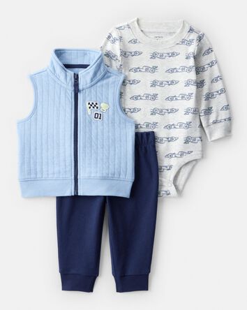 Baby Boy 3-Piece Race Car Quilted Vest Outfit Set - Blue, 