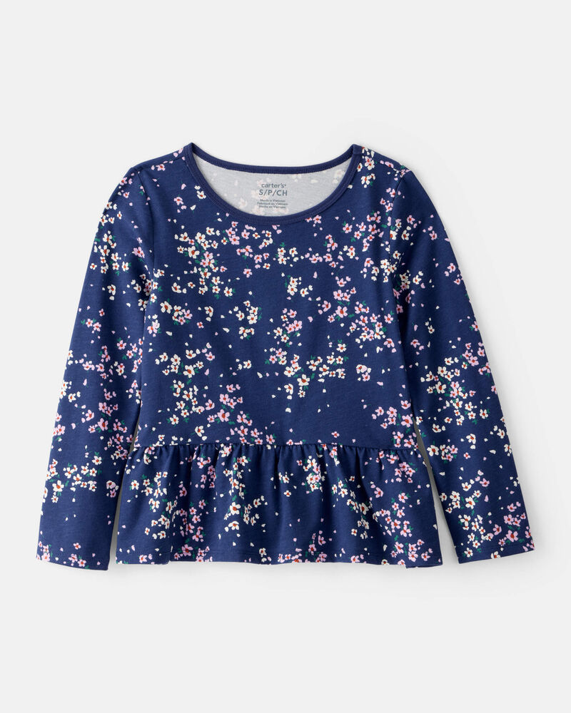 Girls Floral Long-Sleeve Peplum Top - Navy, image 1 of 3 slides