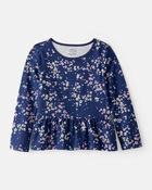 Girls Floral Long-Sleeve Peplum Top - Navy, image 1 of 3 slides