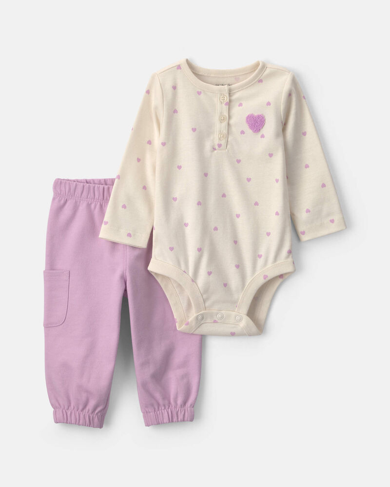 Baby Girl 2-Piece Heart Long-Sleeve Bodysuit & Pant Set - Purple/Cream, image 1 of 7 slides