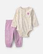 Baby Girl 2-Piece Heart Long-Sleeve Bodysuit & Pant Set - Purple/Cream, image 1 of 7 slides