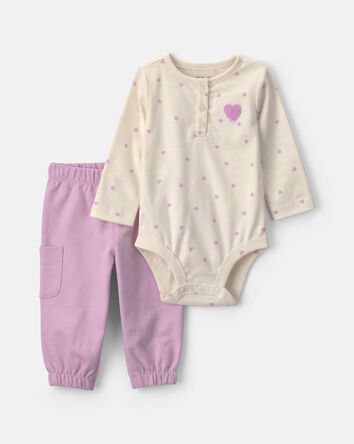 Baby Girl 2-Piece Heart Long-Sleeve Bodysuit & Pant Set - Purple/Cream, 