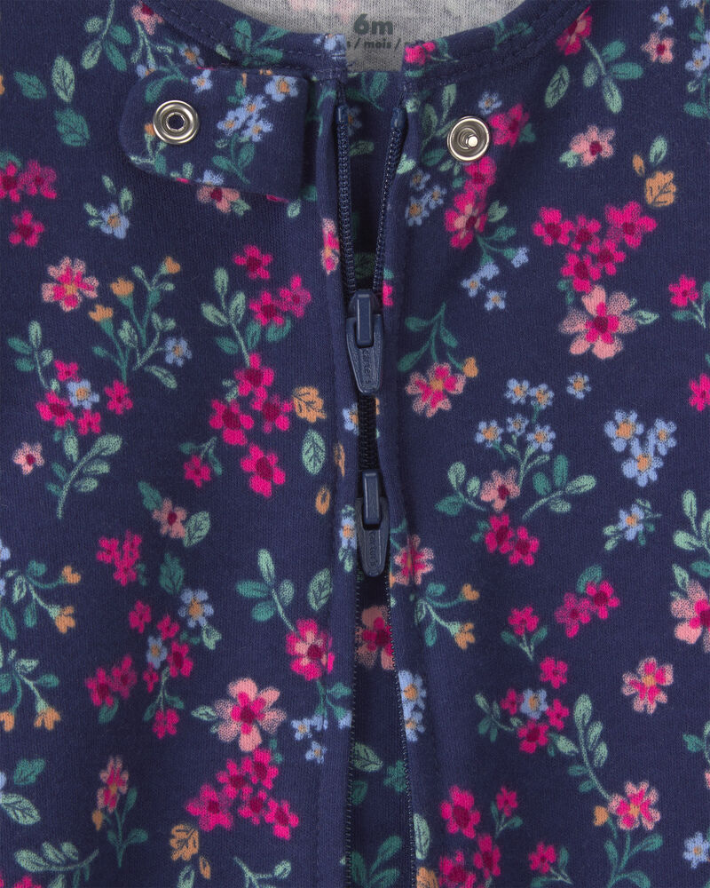 Baby Girl Floral 100% 2-Way Zip Cotton Sleeper - Navy, image 3 of 6 slides