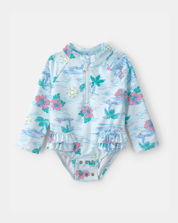 Baby Girl Beach Long-Sleeve 1-Piece Swimsuit - Blue, 