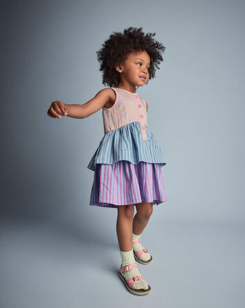 Tout-petit fille - Robe &agrave; &eacute;tages &agrave; taille basse &agrave; rayures &ndash; Bleu/Mauve, 