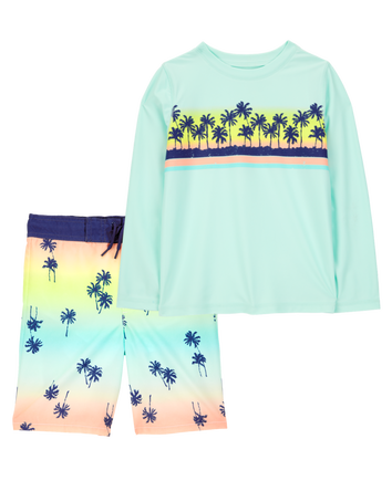 Kid 2-Piece Palm Tree Rashguard & Swim Trunk Set, 