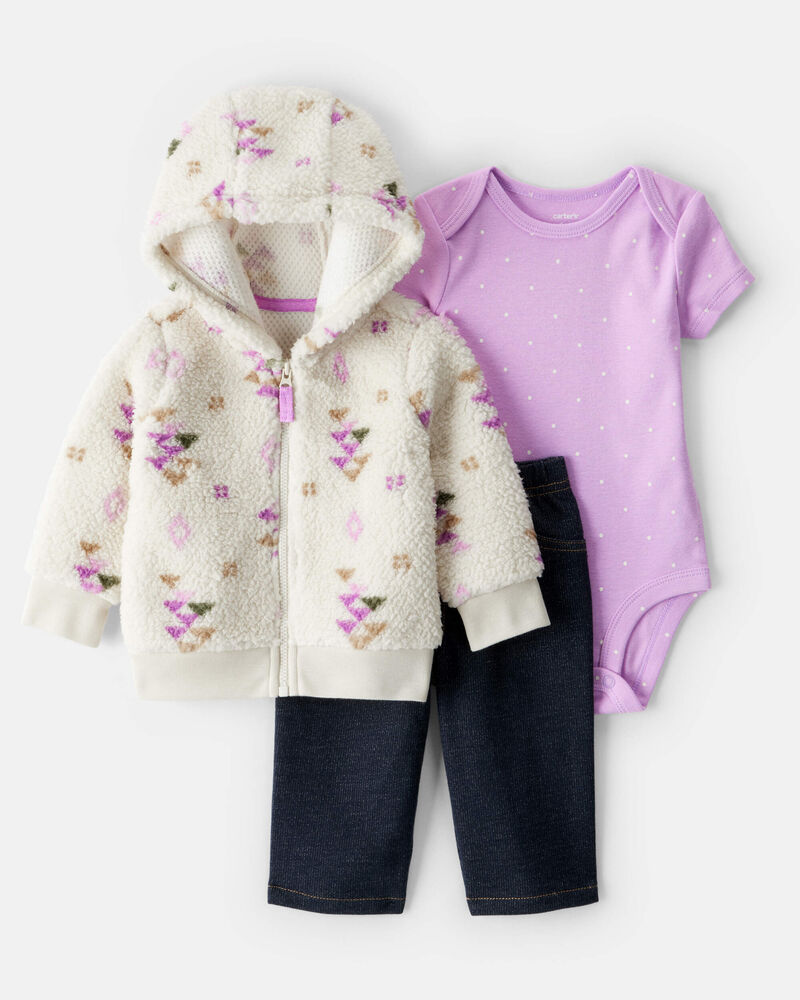 Baby Girl 3-Piece Aztec Sherpa Cardigan Outfit Set, image 1 of 7 slides